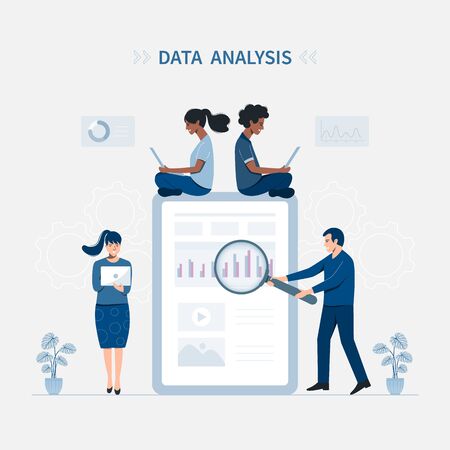 Data Analysis vector illustration concept. Teamwork illustration for web landing page, ui, mobile application, and other related occasion. Flat design in color trend 2020.のイラスト素材