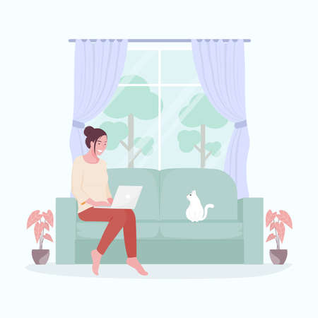Young woman using laptop on sofa with a cute cat in living room.のイラスト素材