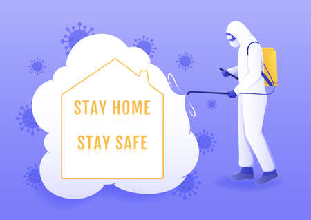 Virus disinfection concept. Disinfectant worker in hazmat suits cleaning and disinfecting coronavirus cells. Vector Illustration.のイラスト素材