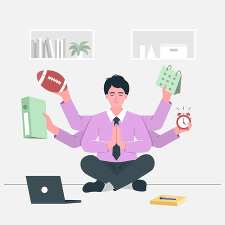 Busy businessman doing yoga meditation on the desk with multitasking and multi skill. Multitasking and time management concept.のイラスト素材