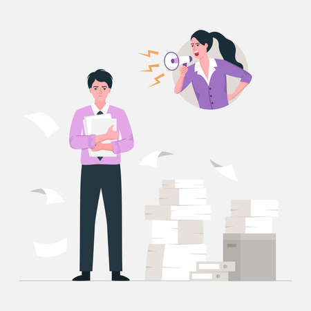 Angry stressed businesswoman is shouting employee office worker with megaphone. Vector flat cartoon character illustration.のイラスト素材