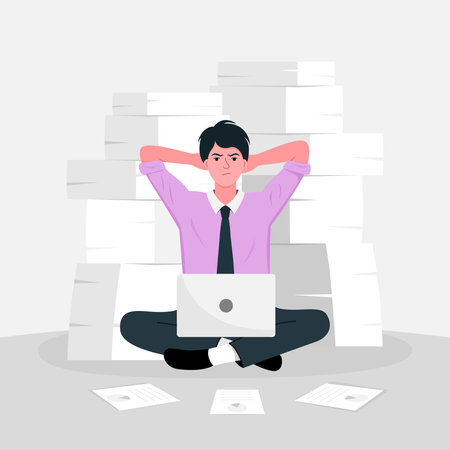 Thoughtful and stressful businessman sitting on floor with paper document, vector character.のイラスト素材