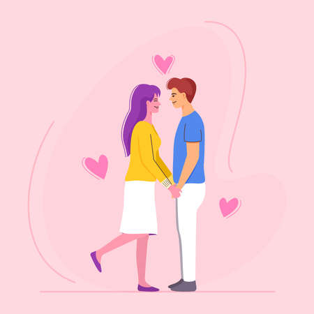 Loving couple scene of male and female holding hands on romantic date. Flat cartoon character vector.のイラスト素材