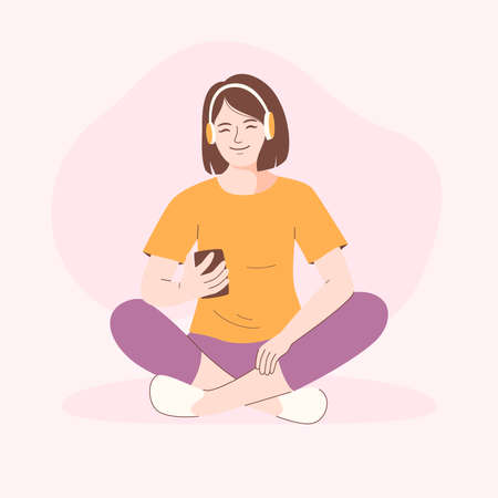 Young woman using a phone, cartoon character vector illustrationのイラスト素材