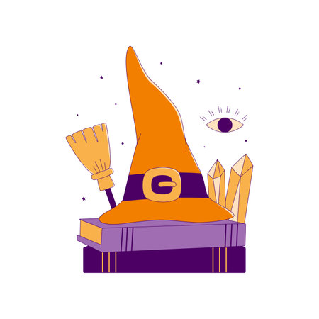 Lined Witch Hat on the Magic Booksのイラスト素材