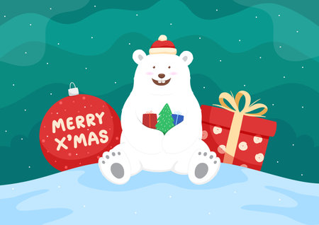 Christmas card with polar bear, Merry Christmas and New Yearのイラスト素材
