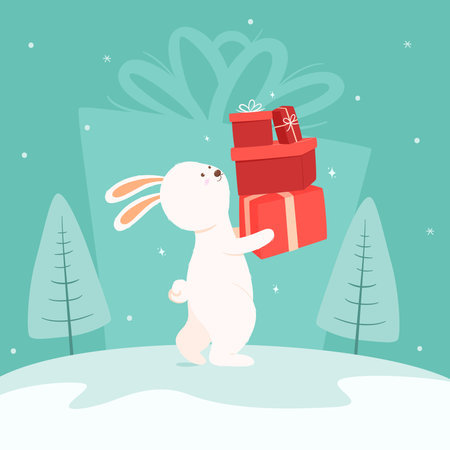 Cute rabbit carries a lot of gifts. Merry Christmas and New Yearのイラスト素材