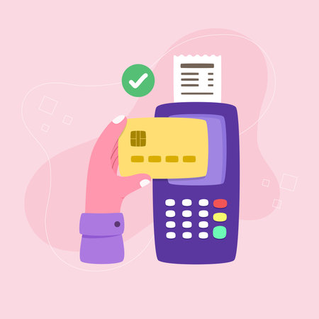 Payment terminal with credit card on pink background. Vector illustration.のイラスト素材