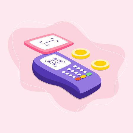 Vector isometric illustration of a POS terminal with a coin on a pink background.のイラスト素材
