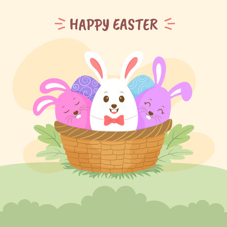 Easter card with cute bunny and eggs in basket. Vector illustrationのイラスト素材