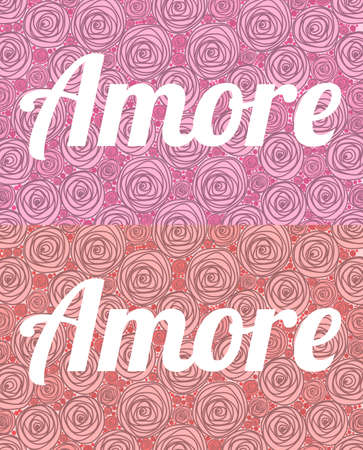 Amore. The word love in Italian on the background of large and small painted roses red and pinkの写真素材