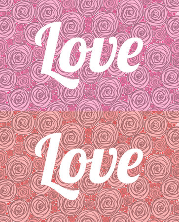 The word love in English on the background of large and small painted roses red and pinkの写真素材