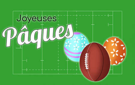 Happy Easter greeting card cover of rugby congratulation on the background of the field and with the ball in the shape of an eggの写真素材