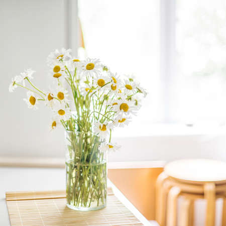 A bouquet of white daisies in a vase on the kitchen table against the background of a window, a refrigerator and stools with a strong blurの写真素材