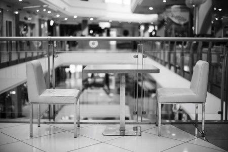 Moscow / Russia - Febuary 13, 2019: Empty tables waiting for visitors at the mallのeditorial素材