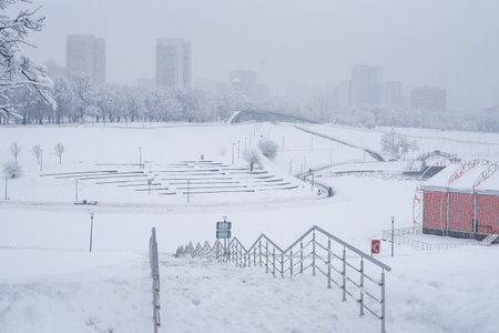 Moscow / Russia - Febuary 13, 2019: Heavy snowfall in the parkのeditorial素材
