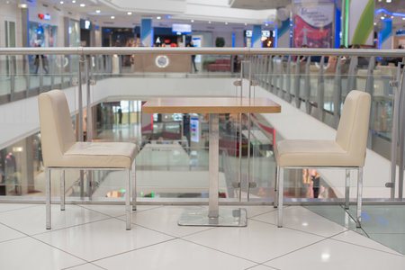 Moscow / Russia - Febuary 13, 2019: Empty tables waiting for visitors at the mallのeditorial素材