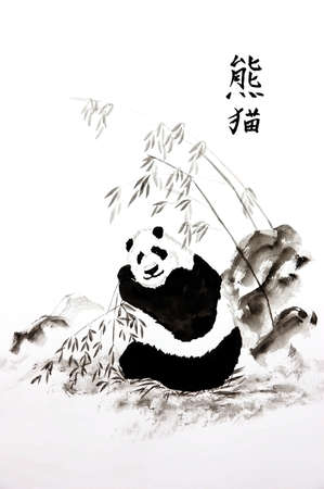 Painting of panda with bamboo in Chinese technique U-sin  Hieroglyphs mean  panda の写真素材