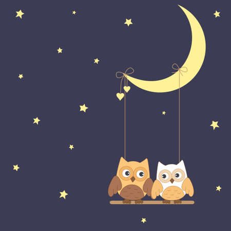 Two owls on the moon swings のイラスト素材