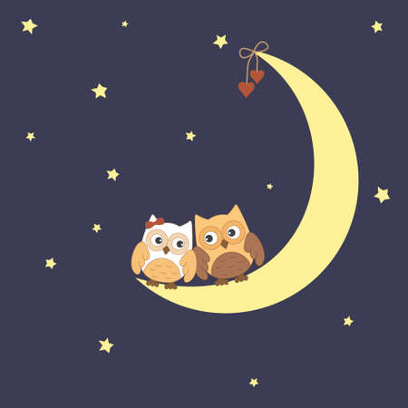 Two owls in love sitting on the moonのイラスト素材