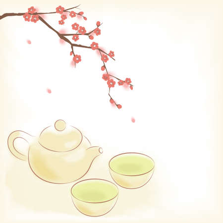 Traditional oriental teapot and cups with plum blossomのイラスト素材