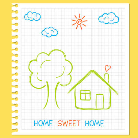 Childlike doodle drawing of house, tree, sun and clouds on squared paperのイラスト素材