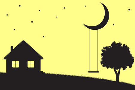 Swings hanging from moon, house and tree silhouettesのイラスト素材