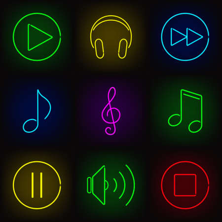Music neon icons set  play buttons, notes, headphones and speakerのイラスト素材