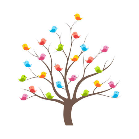 Many multicolored cute birds on treeのイラスト素材