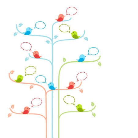 Birds on stylized trees with talking bubbles  Social network conceptのイラスト素材