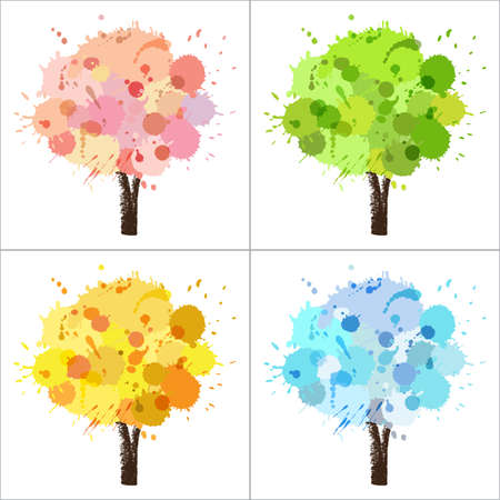 Four seasons tree of paint splashes with colors for spring, summer, autumn, winterのイラスト素材