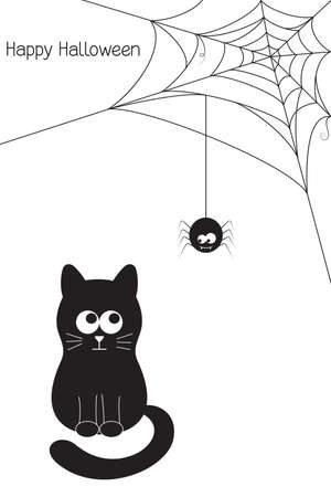 Halloween card with funny black cat, vampire spider and webのイラスト素材