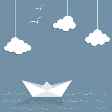 Paper ship and clouds with doodle sea waves and seagullsのイラスト素材
