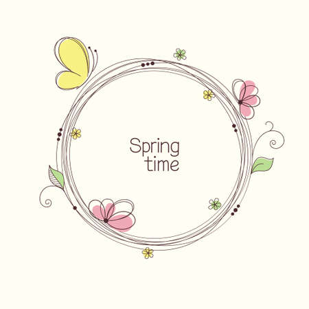Stylized wreath with flowers and butterfly. Round floral frame for your textのイラスト素材