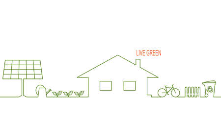 Living green and eco friendly house concept with alternative solar energy, organic gardening, waste recycling and bicycleのイラスト素材