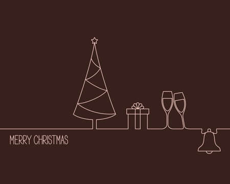 Winter holidays card linear style design with Christmas tree, gift box, glasses and bellのイラスト素材