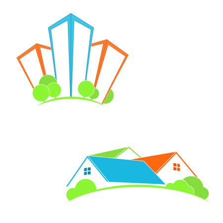 Stylized icons with skyscrapers and houses for real estate, friendly city, home town and suburbのイラスト素材