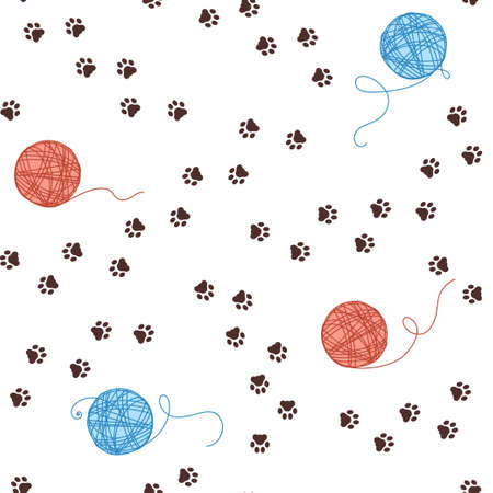 Cat theme seamless pattern with animal paw footprints paths and clew of threadsのイラスト素材