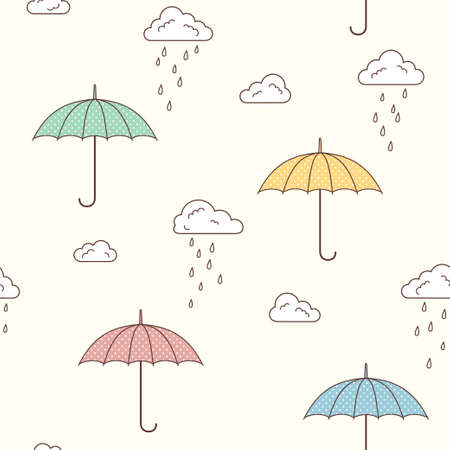 Seamless pattern with cute umbrellas, clouds and rain dropsのイラスト素材