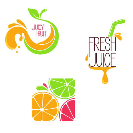 Set of icons, emblems and design elements for fruit and vegetable, freshly squeezed juice or juice bar menuのイラスト素材