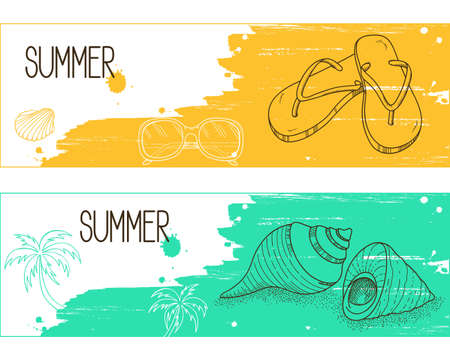 Banners with hand drawn elements over brush strokes and paint splashes grunge background for summertime holidays and resorts designのイラスト素材