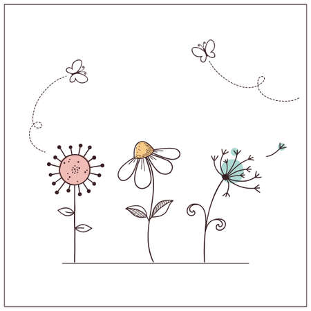 Hand drawn doodle flowers set with butterfliesのイラスト素材