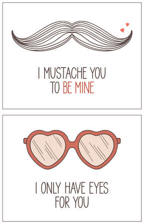 Hand drawn, hipster, geeky love and Valentines day cards with pun lettering I mustache you to be mine and I only have eyes for youのイラスト素材