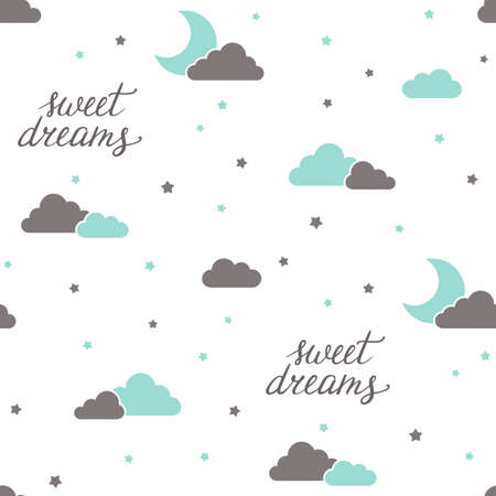 Seamless pattern with sweet dreams hand lettering, moon, stars and cloudsのイラスト素材