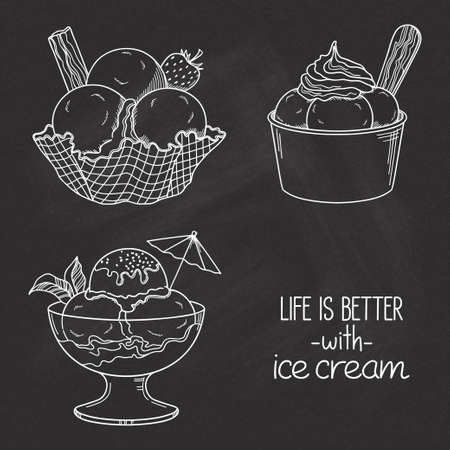 Set of hand drawn ice cream served in glass, waffle and paper bowls over chalkboard textureのイラスト素材
