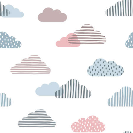 Seamless pattern with doodle clouds in trendy pastel colorsのイラスト素材