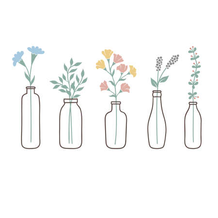 Set of bottles with cute pastel wild flowers and grassesのイラスト素材
