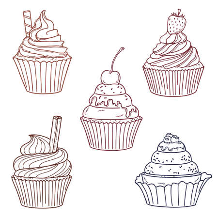 Set of hand drawn cupcakes with berries, cookie, cinnamon and sprinklesのイラスト素材