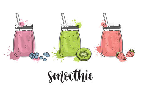 Set of smoothie jars with blueberries, strawberries and kiwi. Colorful vector illustration with paint splashesのイラスト素材