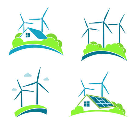 Set of minimalist illustrations for wind and solar energy. Clean energy and eco living conceptsのイラスト素材